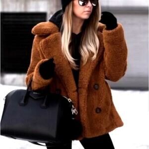 FREE PEOPLE Oversized Double Breasted Teddy Fleece Sherpa Jacket Tan Brown